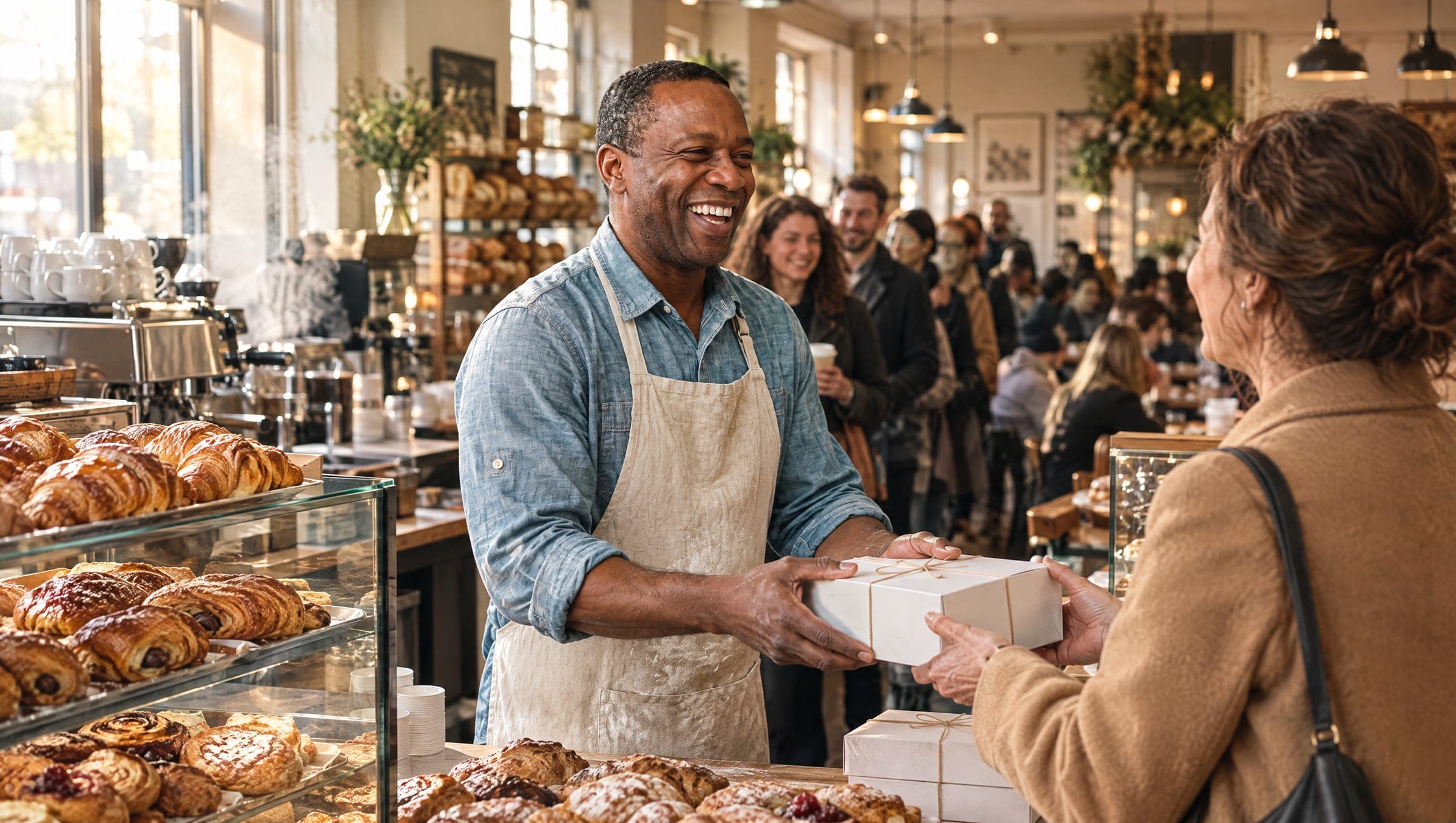 A bakery owner laughs with a regular customer as he hands her a pastry box during a busy morning rush