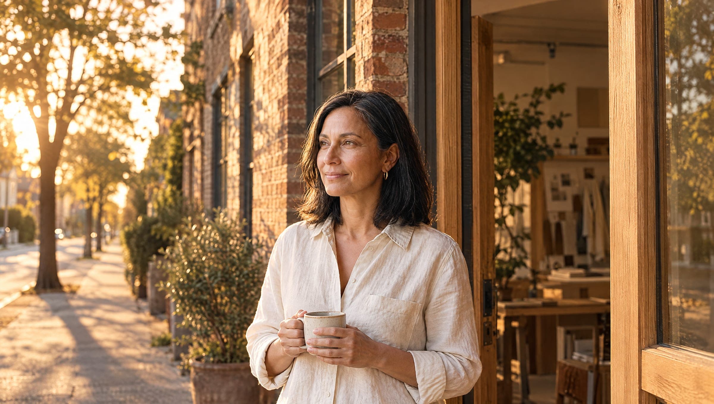 A studio owner stands in her doorway at golden hour with a cup of coffee, looking down a quiet street