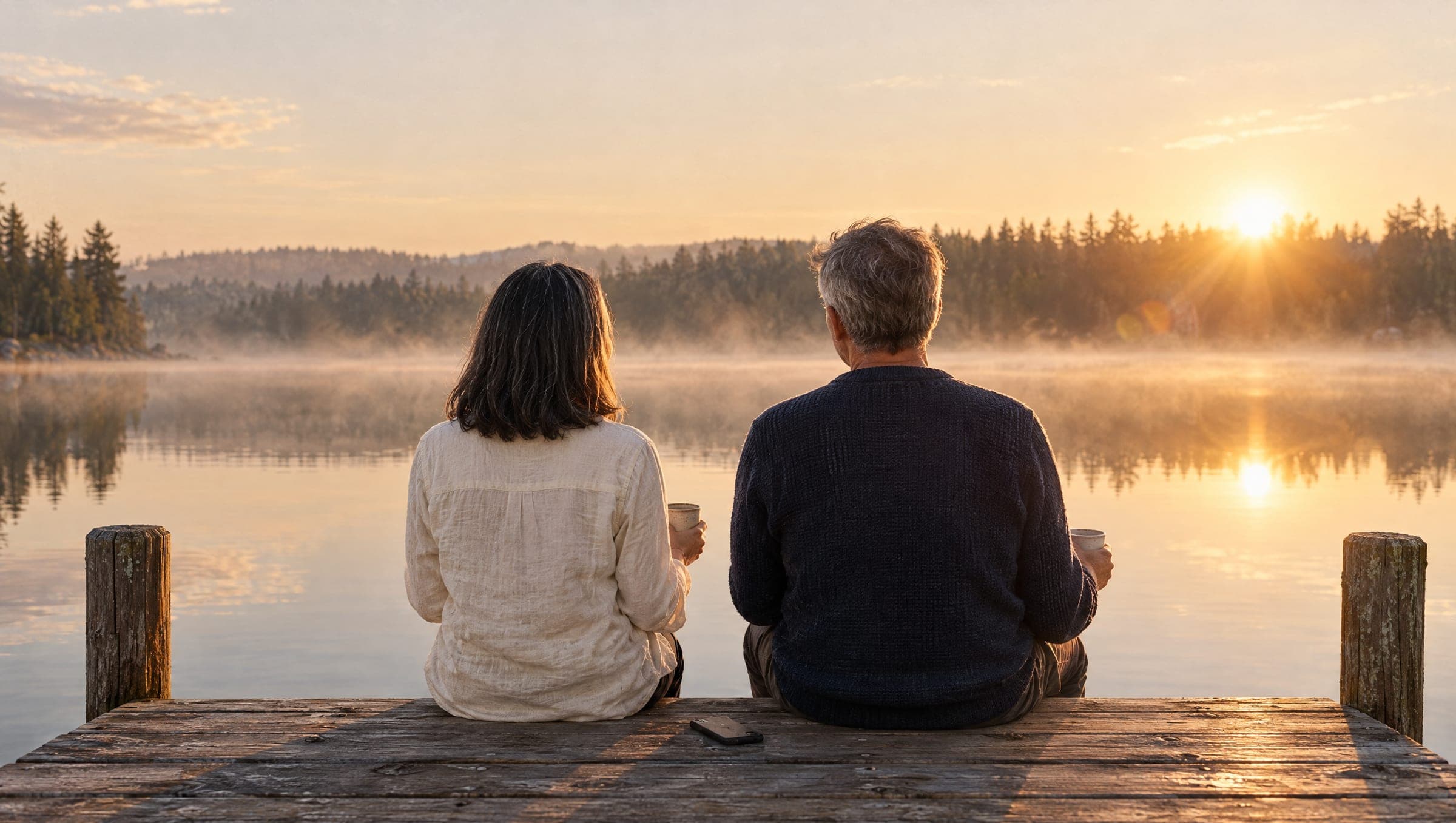 A couple sits at the end of a lake dock at sunrise with coffee, a phone face down beside them