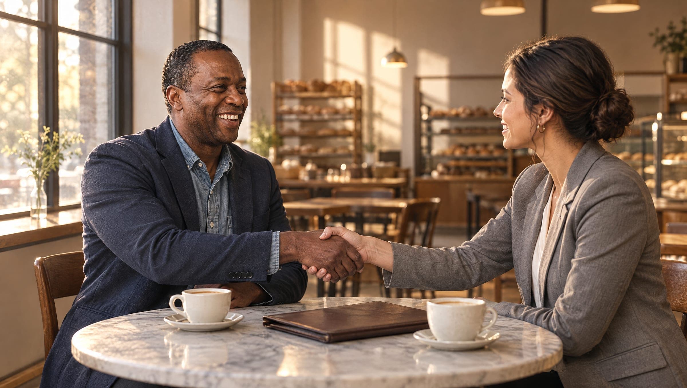 The bakery owner shakes hands with a buyer across a cafe table, a closed folder between them
